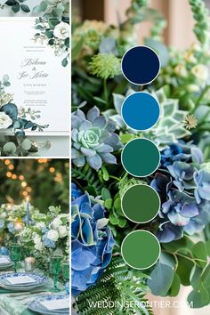 Blue and green wedding theme ideas for a fresh, earthy palette. Green Wedding Themes, Blue And Green Wedding, Green Wedding Ideas, Garden Party Theme, Ocean Hues, Green Themed Wedding, Lush Forest, Blue Glassware, Wedding Palette