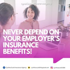 a woman talking to another woman in front of a laptop with the words never spend on your employee's insurance benefits