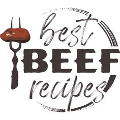 the best beef recipes logo with a fork and sausage on it's side,