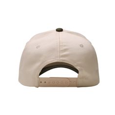 the back of a white baseball cap with black stitching