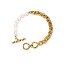 Elegant Asymmetrical Pearl & Gold Chain Bracelet - Lucid Fantasy Bracelet Pearl, Metal Bracelet, Bracelet Online, Gold Bracelet Chain, Natural Pearl, Pearl Types, Bracelet Clasps, Pearl Chain, Metal Bracelets