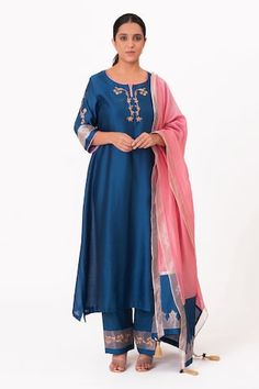 Royal blue A-line kurta with embroidery along the neckline and sleeves. Paired with a pant and tissue applique work dupatta. - Aza Fashions Traditional Blue Sets With Embroidered Sleeves, Blue Straight Kurta With Embroidered Sleeves, Fitted Blue Anarkali Set With Embroidered Border, Traditional Blue Kurta With Embroidered Neckline, Blue Traditional Kurta With Embroidered Neckline, Embroidered Sleeves Anarkali Set With Traditional Drape, Designer Blue Kurta With Embroidered Neckline, Designer Blue Kurta With Embroidered Sleeves, Designer Blue Palazzo Set With Embroidered Border