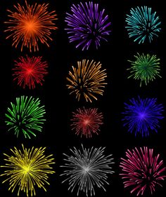 a collection of colorful fireworks on a black background