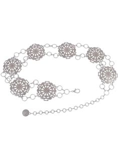 Embrace bohemian chic with our Floral Boho Concho Chain Belt. This intricately designed accessory seamlessly fuses floral motifs with classic concho detailing, creating a statement piece that exudes free-spirited style. Crafted with precision and an eye for detail, this chain belt adds a touch of nature-inspired elegance to your ensemble. The versatile design allows for easy pairing with a range of outfits, from casual to festival-ready looks. Elevate your fashion game and make a bold statement Bohemian Metal Chain Belt For Party, Elegant Metal Jewelry For Beach, Adjustable Bohemian Chain Belt For Party, Chic Adjustable Chain Jewelry For Festivals, Bohemian Adjustable Chain Belt As A Gift, Bohemian Style Adjustable Metal Chain Belt, Bohemian Adjustable Chain Belt For Festivals, Adjustable Bohemian Chain Belt For Festivals, Chic Silver Beach Jewelry