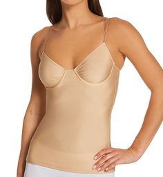 Silky microfiber camisole has supportive underwires and straps that adjust for fit. Made of nylon and spandex. Seamless underwire cup is unlined stretch microfiber with ruching at the center that comfortably expands for fit. Cups are spaced wide at center front, great for East/West breasts. Microfiber knit has 4-way stretch for a completely unique fit. Narrow covered elastic around the top of sides and back delivers a secure fit. Spaghetti straps with restricted stretch satin elastic are fully a Elastane Camisole With Built-in Bra, Elegant Second-skin Camisole With Built-in Bra, Nylon Cami Top With Built-in Bra, Micro-elastic Shapewear With Built-in Bra And Underwire, Nylon Camisole With Built-in Bra, Fitted Elastane Camisole With Built-in Bra, Micro-elastic Nylon Shapewear With Built-in Bra, Second-skin Fit Camisole, Second-skin Fit Solid Color Camisole