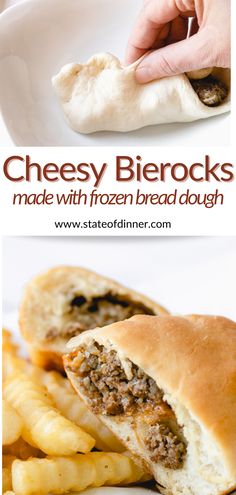 Top photo is someone pinching bread dough around seasoned beef. Bottom photo is fluffy bread filled with seasoned beef, cabbage, and cheese, along with a pile of french fries. Easy Bierocks Recipe, Easy Runza Recipe, Bierocks Recipe Easy, Runzas Recipe, Frozen Bread Dough Recipes, Bierocks Recipe, Recipe With Cheese, Beef Cabbage, Frozen Bread Dough