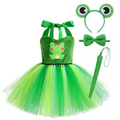 a green frog costume with matching headband, bow tie and tutu skirt for girls