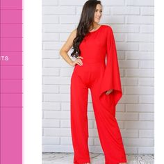 Soldout Red One Full Arm Jumpsuit With Zip Up Back 65% Polyester 35% Cotton, Fabric Has Give (Stretch) Rock With Heels Or Flats Available In Red Red Summer Formal Jumpsuits, Casual Red Jumpsuits And Rompers For Party, Prom Ideas, Red Jumpsuit, Inspiration Board, Lady In Red, Zip Ups, Cotton Fabric, Jumpsuit