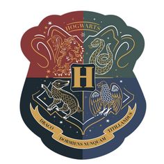 the hogwarts crest is shown in three different colors and sizes, including blue, red