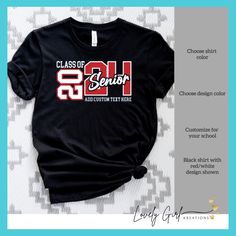 Your Senior can show their school pride with this trendy Senior shirt. Our Senior shirt features Senior Class of 2024 on the front and can be customized with colors and text.  These shirts are perfect for Senior night, Senior games and any Senior activities.    DESIGN COLOR  * Choose design color for Class of * Choose design color for 2024  HOW TO ORDER  * Select the Shirt Size & Color * Select the quantity * Click Add to Cart * For multiple items go back to the listing and repeat the steps  SIZE AND MATERIAL * The unisex t-shirts are true to size. Relaxed fit for ladies and they can order one size smaller for a further slim fit. * Solid colors are 100% cotton. * Heathers are 52% cotton 48% polyester * Pre-shrunk * All shirts are made with professional grade vinyl unless otherwise noted. * Varsity Cotton T-shirt With Custom Print, Collegiate Black Tops With Custom Print, Collegiate Style Black Tops With Custom Print, School Spirit Tops With Name Print For School Events, Black T-shirt With Letter Print For School Events, Black Graphic Shirt For School Events, Black Graphic Print Shirt For School Events, Black Cotton T-shirt For School Events, Black Casual Tops For School Events