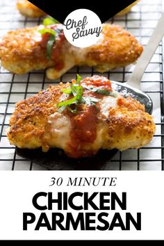 chicken parmesan on a cooling rack with text overlay