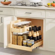 an open spice drawer in a kitchen with spices and condiments