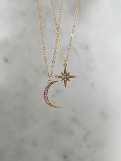 ⭐️ MATERIALS Chain: 14k Gold Filled Charms: 18k Gold Filled ⭐️ SIZE Moon Charm: Approximately 3/4 inch tall Star Charm: Approximately 1/2 inch tall If you would like different lengths for each necklace, please leave me a note at checkout ⭐️ What is Gold Filled? Unlike gold plated items which have a negligible amount of gold content, gold filled contains a minimum of 5% (1/20) gold by weight pressure bonded over brass. They are tarnish resistant and perfect for those with allergies or sensitive skin. Gold-filled jewelry has 100x more gold alloy than gold plated and because that layer is so much thicker, it means gold-filled jewelry lasts longer and stands up to wear and tear better than gold plated. As long as the piece is well cared for, gold-filled jewelry can last many years.  💛 All pie Yellow Gold Celestial Jewelry In 14k Gold Filled, Elegant Star-shaped Sun And Moon Necklace, Celestial 14k Gold Wedding Necklaces, Celestial Wedding Necklace In 14k Gold, Yellow Gold Celestial Wedding Necklaces, Celestial Yellow Gold Wedding Necklaces, Celestial Necklaces For Anniversary, 14k Gold Star-shaped Moon Charm Jewelry, Gold Celestial Necklace For Wedding