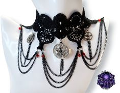 "Kit, Choker, earrings, cotton, lace, guipure, black, Pentagram silver, red cristals, chains, mode accessory, gothic, witch, magic Kit of black cotton lace Choker and earrings with pentagram pendants, black chains and red cristals. Mesurements :  Lenght : 13-17\" (33-44cm) Width : 4.5\" (11.5cm)" Black Fantasy Jewelry For Costume, Black Fantasy Costume Jewelry, Fantasy Black Costume Jewelry, Black Fantasy Jewelry For Party, Black Vampire Jewelry For Alternative Fashion, Black Fantasy Style Jewelry For Party, Black Witchy Jewelry For Alternative Fashion, Black Fantasy Necklaces For Parties, Handmade Black Fantasy Jewelry