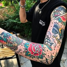 American Traditional Tattoos Traditional Tattoo Sleeve Filler, Traditional Tattoo Arm, American Style Tattoo, Old School Tattoo Sleeve, American Traditional Sleeve, Many Tattoos, Tato Tradisional, Tattoo Sleeve Filler, Traditional Style Tattoo