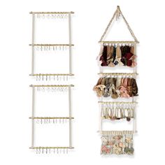 two racks with clothes hanging on them next to each other, one holding several pairs of shoes