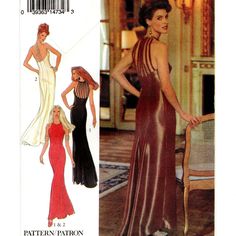 a women's evening gown and dress pattern from the 1970's, with an open back