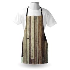 an apron that has been made out of wooden planks and is hanging on a mannequin