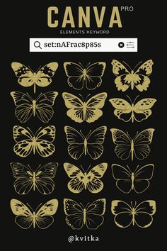 Canva Element Keywords Gold Butterfly #aesthe Pngs Icons, Canva Keywords Elements, Canva Inspiration, Gold Graphic Design, Canva Keywords, Canva Frames, Keyword Elements Canva, Butterfly Insect, Canva Tips