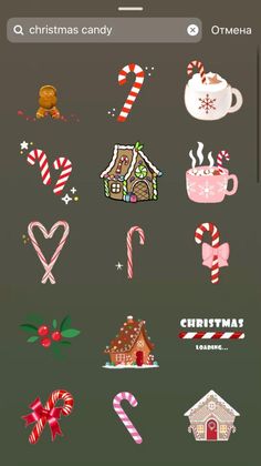 christmas stickers are shown on the screen for this iphone phone case, which features candy canes and gingerbread houses