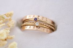 Gold Filled Name Ring Set with Birthstones, Personalized Mothers Day Gift for Mom of 2, Gold Name Rings for Mom, Engraved Rings, Kids Names This precious gift for a Mom of 2 will be something that makes her smile every day. Created from 14k gold fill, this high quality metal looks and feels just like real gold. Never plated, these rings will stand the test of daily wear- you never have to take them off. Choose the lettering to be left natural for a modern understated look, or darkened to have yo Rings For Mom, Mothers Rings, Mom Of 2, Rings Ideas, Birthstone Rings, Ring Spacer, Mom Ring, Name Ring, Mother Rings