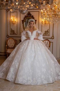 Elegant Long Sleeves Ball Gown V-Neck Sweetheart Wedding Dress with Appliques Lace-BIZTUNNEL Long Sleeve Ball Gown Wedding Dress, Wedding Party Robes, Princess Wedding Gown, Long Sleeve Ball Gowns, Sparkly Wedding Dress, Off Shoulder Wedding Dress, Luxury Brides, Sparkly Wedding, Bridal Dresses Lace