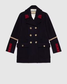 Gucci Store, Vintage Theme, Blue Wool, Wool Coat, Online Purchase, Kids Dress, Luxury Branding, Contrasting Colors, Double Breasted