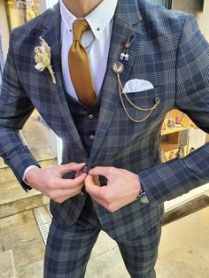 Bojoni  Dark Blue Slim Fit Plaid Check Suit-baagr.myshopify.com-suit-BOJONI Check Suits For Men, Flower Pocket Square, Dark Blue Suit, Pants Gift, Check Suit, Checked Suit, Suit Material, Plaid Vest, Plaid Suit