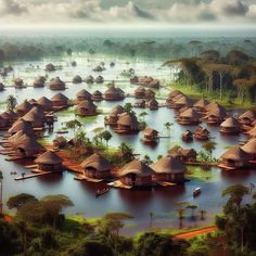 an aerial view of many huts in the middle of a body of water surrounded by palm trees