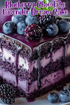 a blueberry chocolate layer cake on a white plate