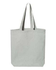 a grey canvas bag on a white background with the handles down and one side open