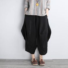 Women Black Pants Casual Linen Cropped Pants Cotton Harem Pants With Pockets Black Cotton Harem Pants For Spring, Comfortable Black Bottoms For Spring, Comfortable Black Wide-leg Harem Pants, Black Linen Harem Pants For Spring, Comfortable Relaxed Fit Black Harem Pants, Comfortable Black Wide-leg Pants, Black Loose Fit Harem Pants, Comfortable Baggy Ankle-length Bottoms, Comfortable Black Pants With Pockets