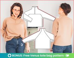 a woman wearing a tan sweater and jeans standing next to a white wall with the text, bonus free venus tote bag pattern