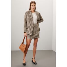 Brown plaid tweed (100% Polyester). A-line. Side zipper closure. 16.5" from shoulder to hemline. Imported. Formal Fall Tweed Skirt, Formal Tweed Skirt For Fall, Chic Houndstooth Skirt For Work, Casual Houndstooth Tweed Jacket For Office, Casual Tweed Jacket With Houndstooth Pattern For Office, Elegant Houndstooth Mini Skirt For Work, Winter Houndstooth Mini Skirt For Work, Houndstooth Mini Skirt For Work, Fall Houndstooth Tweed Dress For Work