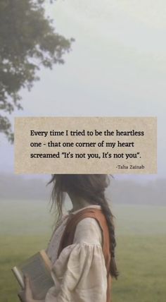 a woman standing in front of a tree with a book on her shoulder and a quote above it