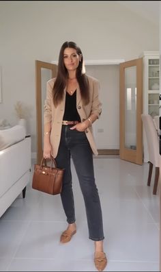 Smart Jackets For Women, Smart Jeans Outfit Women Work, Tan Wool Blazer Outfit Women, Women Casual Blazer Outfits, Outfits With Tan Blazers For Women, Support Worker Outfit, Mocha Blazer Outfit, Neutral Blazer Outfit Women, Semi Casual Christmas Outfits For Women