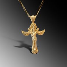 This expertly crafted Solid Gold Jesus Cross  Necklace casts a spell of captivation on all those who wear it! A bold piece for anyone who loves Mythical Jewelry . Buy for yourself or give it as a gift for that special someone in your life! ★Item Details ◆ Material : 14k Gold ◆ Pendant Height : 1.37 inch ◆ Bail Height : 0.39 inch x 1 cm ◆ Bail With : Suitable for up to  0.118 inch x 3.00 mm Chain ◆ Rolo Chain Thickness : 0.059 inch x 1.5 mm | Foxtail Chain Thickness : 0.078 inch x 2 mm ◆ Pendant Weight : 19 Grams ◆ Rolo Chain Weight : 18 Inches - (45cm) = 4.50 Gr 20 Inches - (50cm) = 5Gr 22 Inches - (55cm) = 5.50 Gr 24 Inches - (60cm) = 6.05 Gr 26 Inches - (65cm) = 6.60 Gr 28 Inches - (70cm) = 7.12 Gr ◆ Foxtail Large Chain Weight / 28 Inches - (70cm) : 15 gr ◆ Chain Thickness : 0.078 inch x Collectible Gold Necklaces With Cross Pendant, Collectible Gold Cross Pendant Necklaces, Gold Crucifix Jewelry Collectible, Collectible Gold Crucifix Jewelry, Gold Crucifix Jewelry For Commemoration, Collectible Spiritual Crucifix Jewelry, Mythical Jewelry, Gift Husband, Mens Necklace