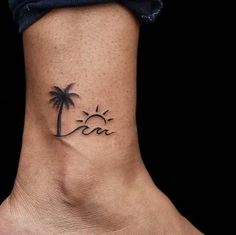 Beautiful Wave and Sun Tattoo on Foot With a Beautiful Palm Tree Palm Tree Tattoo On Thigh, Palm Tree Inner Arm Tattoo, Palm Tree And Waves Tattoo, Palm Tree Beach Tattoos, Little Palm Tree Tattoo, Sun Palm Tree Tattoo