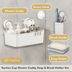 a bathroom caddy with soap, toothbrushes and other items labeled in english