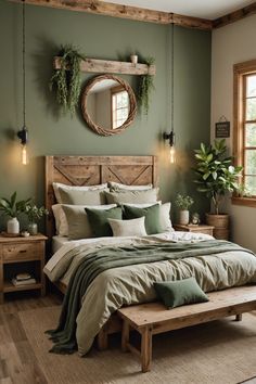 a bedroom with green walls and wooden bed frame, plants on the wall above it