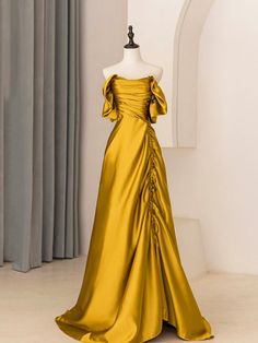 Unique Satin Long Prom Dress Gold Satin Prom Dress, Prom Dress Simple, Satin Long Prom Dress, Prom Dresses Simple, Velvet Prom Dress, Multi Way Dress, Floral Dress Formal, Prom Dresses Yellow, A Line Evening Dress