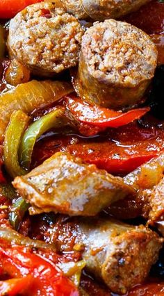 meat and peppers are being cooked in a skillet