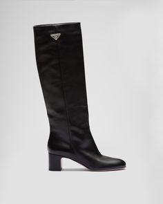 Black Leather boots | PRADA Luxury Calf Leather Knee-high Boots With Round Toe, Designer Business Heeled Boots With Reinforced Heel, Designer Heeled Boots With Reinforced Heel For Business, Luxury Calf Leather Knee-high Boots With Leather Lining, Luxury Calf Leather Knee-high Boots, Luxury Knee-high Calf Leather Boots With Leather Lining, Luxury Knee-high Boots With Leather Sole For Business, Luxury Knee-high Calf Leather Boots, Designer Heeled Boots For Business