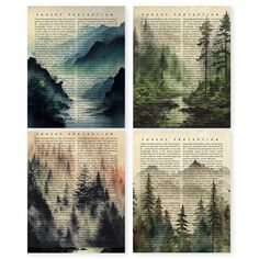 four books with watercolor paintings on them and trees in the middle one is surrounded by fog