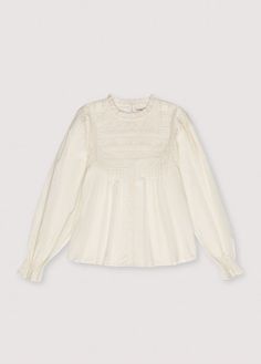 Blouse with lace details on the front and puffed sleeves with cuffs. It features a back opening with a buttoned teardrop closure. 100% Cotton Sleeves With Cuffs, Woman Blouse, Kids Garments, Knit Bottom, Shoe Inspiration, Vanilla Cream, Active Wear Leggings, Puffed Sleeves, Sweaters Knitwear