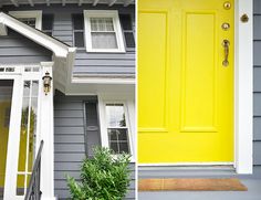 the front door is painted bright yellow and the side door is gray with white trim