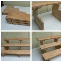 four different angles of a bench made out of plywood planks, with the bottom section missing