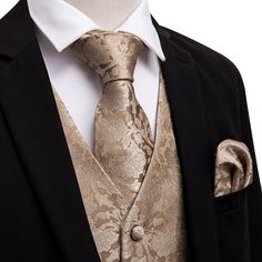 Champagne Gold Floral Silk Vest Necktie Set Waistcoat Suit, Champagne Shirt, Burgundy Vest, Wedding Vest, Tuxedo Coat, Gold Suit, Orange Suit, Bowtie Pattern, Burgundy Shirt