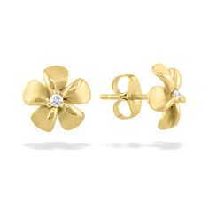 14K Yellow Gold Plumeria Stud Earrings with 0.04 Carats (total weight) of Diamonds. The earrings measure approximately 3/8" in width. Classic 14k Yellow Gold Cluster Earrings, Yellow Gold Round Flower Earrings For Anniversary, Yellow Gold Polished Diamond Earrings For Gift, Yellow Gold Diamond Earrings For Gift, Yellow Gold Diamond Earrings As Gift, Gift Yellow Gold Diamond Earrings With Polished Finish, Hallmarked 14k Yellow Gold Diamond Earrings, Yellow Gold Round Flower Earrings With Prong Setting, 14k Yellow Gold Flower Earrings For Anniversary