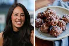 a woman is smiling next to a plate of chocolate covered donuts with sprinkles